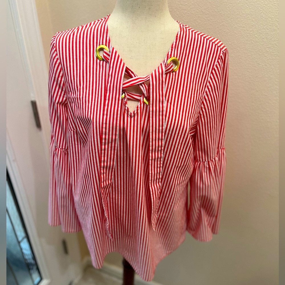 Michael Kors Striped Bell Sleeve Blouse.